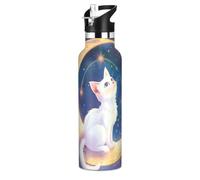 The White Cat on The Moon Bouteille d'eau de sport anti-fuite sans BPA avec paille double paroi isolation sous vide pour maison/bureau/voyage/sport/école