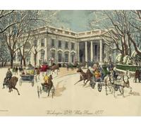 The White House Washington D.C. États-Unis d'Amérique, calèches et piétons tirés par des chevaux près du portique nord en hiver 1877 Après une œuvre d'un artiste inconnu publiée par Currier & Ives
