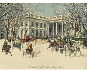 The White House Washington D.C. États-Unis d'Amérique, calèches et piétons tirés par des chevaux près du portique nord en hiver 1877 Après une œuvre d'un artiste inconnu publiée par Currier & Ives