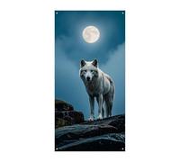The White Wolf on The Rock Couverture de porte Bannière 90 x 180 cm Bannière de fête Panneau de bienvenue saisonnier Décoration verticale à suspendre pour porche entrée jardin Décor