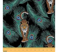 The Yard Tissu motif léopard vert et plumes de paon rustique, style jungle pour enfants, amateurs de couture, guépard, animaux sauvages, tissu de décoration pour tissus d'ameublement et accents de