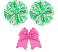 Theaque Lot de 3 pompons de pom-pom girl et grand nœud pour cheveux pour fille - Pompons métalliques pour danse adolescente (rose, vert et blanc)