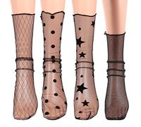 Theaque Lot de 4 paires de chaussettes en dentelle pour femme - Chaussettes amples décorées - Chaussettes hautes transparentes en maille transparente pour femme, Noir , taille unique