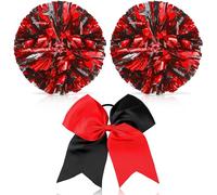 Theaque Pompons de pom-pom girl et grand nœud pour cheveux pour fille, 30,5 cm, grands pompons métalliques de pom-pom girl pour le sport, l'esprit d'équipe (mélange rouge et noir)