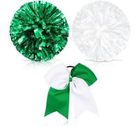 Theaque Pompons de pom-pom girl et grand nœud pour cheveux pour fille, 30,5 cm, grands pompons métalliques de pom-pom girl pour le sport, l'esprit d'équipe (vert et blanc)