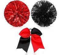 Theaque Pompons de pom-pom girl et grand nœud pour cheveux pour fille, 30,5 cm, grands pompons métalliques de pom-pom girl pour le sport, l'esprit d'équipe (rouge et noir)