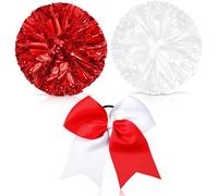 Theaque Pompons de pom-pom girl et grand nœud pour cheveux pour fille, 30,5 cm, grands pompons métalliques de pom-pom girl pour le sport, l'esprit d'équipe (rouge et blanc)