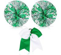 Theaque Pompons de pom-pom girl et grand nœud pour cheveux pour fille, 30,5 cm, grands pompons métalliques de pom-pom girl pour encouragement de l'équipe sportive (vert et argent, blanc)