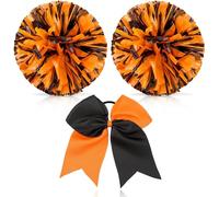 Theaque Pompons de pom-pom girl et grand nœud pour cheveux pour fille, 30,5 cm, grands pompons métalliques de pom-pom girl pour le sport, l'esprit d'équipe (mélange orange et noir)