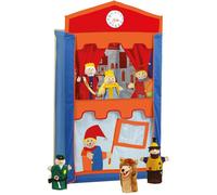 Théâtre de marionnettes en bois et tissu - ROBA - Avec 6 marionnettes à main - Rouge / Bleu / Orange