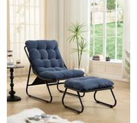 TheEshow Chaise Longue extérieure avec Pouf, Coussin Bleu Marine | Assise toile, Dossier inclinable, Cadre noir, Salon, chambre