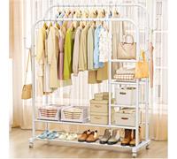 THEGA Portant À Vêtements À roulettes, Structure Métallique Robuste Supportant Jusqu'à 150 Kg, avec Double Tringle, Étagère À Chaussures, 4 Crochets pour Manteaux, Idéal pour Une Chambre(White)