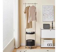 THEGA Porte-Manteaux sur Pied en Acier Inoxydable, Moderne Et Mobile, avec 2 Paniers De Rangement Et 2 Crochets À Boule - Un Support Pratique Et Peu Encombrant pour L'entrée(Black)