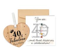 TheGiffter Carte d'anniversaire de 40 ans pour femme avec plaque en forme de cœur en bois, carte de 40e anniversaire avec enveloppe, carte d'anniversaire pour elle - fille, tante, sœur, cousine