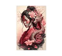 THEGIS Poster sur toile représentant le dragon geisha du Japon - Décoration de chambre à coucher - Paysage sportif - Décoration de bureau - Cadeau sans cadre - 50 x 75 cm
