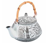 Théière 800 ml en fonte poignée en bambou, filtre en acier inoxydable, blanc