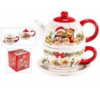 Théière avec tasse de Noël en céramique - Service Tea for One avec ours et décorations "Merry Christmas" - Idée cadeau Noël avec emballage décoré - 17,5 x 11,5 x 16 H 350 ml