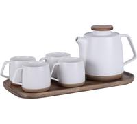 Théière blanche en porcelaine, service à thé chinois en céramique avec passoire pour thé en vrac, 900ml blanc mat théière japonaise & 4 tasses 200ml avec assiette de service en bois moderne