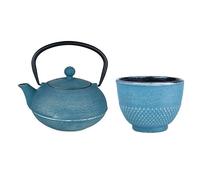Théière en fonte Asagao bleue 0,9L + Tasse en fonte bleue et argentée