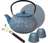 Théière en Fonte Japonaise 1000 ml avec Infuseur Inox - Ensemble 5 Pièces Bleu Motif Floral Cuivré | Service à Thé Tetsubin Émaillé avec 2 Tasses, Dessous-de-plat et Pince à Thé | Cadeau Zen