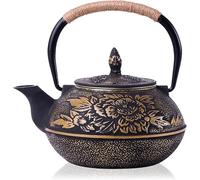 Théière en Fonte Japonaise 900 ml avec Motif Pivoine Dorée, Tetsubin Traditionnel Émaillé avec Infuseur Inox, Poignée en Corde et Dessous-de-Plat, Théière Artisanale Idéale, Coffret Cadeau