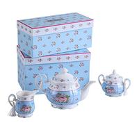 Théière en Porcelaine avec théière, sucrier et Pot à crème - Style Shabby Chic Vintage Floral dans Une boîte Cadeau (Bleu)