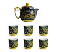 Théière en porcelaine de Chine de 355 ml avec infuseur à purée en acier inoxydable motif dragon pour thé en vrac (bleu marine)