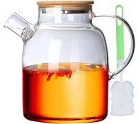 Théière en verre de 1,8 l avec couvercle en bois, théière avec infuseur, haute borosilicate résistant à la chaleur avec filtre amovible, design élégant et moderne pour thé, thé à fleurs et jus