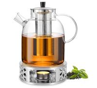 Théière en verre de 1,8 l avec infuseur et réchaud - Théière en verre avec passoire à thé en acier inoxydable et dessous de plat - Résistante à la chaleur - Pour thé en vrac et sachets de thé