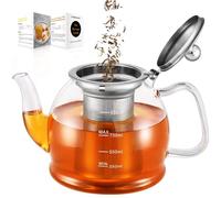 Théière en verre de 1000 ml avec infuseur, théière pour thé en fleurs, thé en vrac, théière à fleurs, théière en verre borosilicate qui va sur la cuisinière, guide d'infusion pour 3 à 5 tasses
