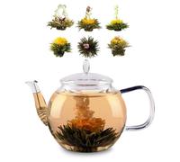 Théière - Feelino Klarstein - avec fleurs - 800 ml - verre borosilicaté - filtre en acier - fait main - résistant au lave-vaisselle