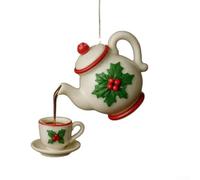 Théière flottante vintage et tasse à thé avec motif de houx festif, convient pour sapin de Noël et décoration d'intérieur saisonnière (A)