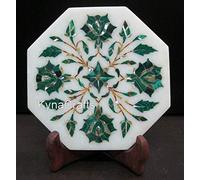 Théière indienne en marbre avec incrustation en pierre de malachite | Assiette de collection en marbre blanc de 12,7 x 12,7 cm pour les amateurs de thé | Cadeau d'anniversaire