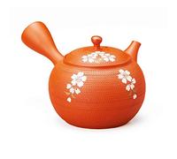 Théière Japonaise Kyusu Ronde, Céramique Tokoname Traditionnelle, 320cc, Orange et Fleurs de Cerisiers Shidarezakura Tamahikari, Avec Filtre Intégré, Fabriqué au Japon 玉光作