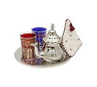 Théière marocaine gravée petite : théière argentée avec filtre et support intégrés, 2 verres à thé et plateau en argent, fait à la main au Maroc, coffret cadeau à thé à la menthe