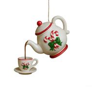 Théière suspendue avec motif de tasse à thé de Noël vintage et décoration saisonnière de houx pour arbre et cheminée (F)