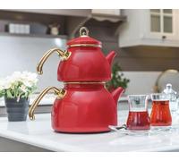 Théière turque de 1,1 L - Revêtue d'émail - Design rétro - Combinée avec une bouilloire de 2,3 L - Compatible avec plaque à induction - Idéale pour infusion de thé - LPP GRANDEUR 09