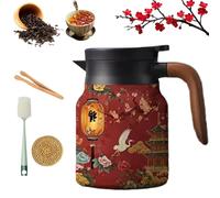 Théière vintage à motifs floraux avec infuseur intégré Théière isotherme en acier inoxydable pour thé en vrac(Wood-5,1000ML)