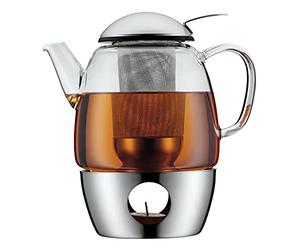Théière WMF SmarTea avec ensemble réchaud, 3 pièces, acier inoxydable Cromargan, pot en verre 1 l avec passoire et réchaud, va au lave-vaisselle