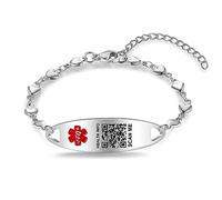 Theluckytag Bracelet d'identification médicale à code QR amélioré pour femme - Bracelet d'alerte médicale en argent sterling de 17,8 à 22,9 cm - Plus d'espace et de changement d'informations d'urgence