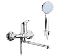 THEMA LUX | Mitigeur de salle de bains | Robinet baignoire avec douchette | Mitigeur baignoire chromé | Robinet de baignoire avec support mural, pommeau de douche et flexible de douche de pour douche