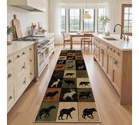 Thème Animalier Carré Bois Tapis Cuisine Devant Evier 50x180 cm, Tapis de Cuisine Long Silhouette Animaux Sauvages Cabane Rustique Antidérapant et Lavable, Paillasson Interieur, pour Couloir Passage