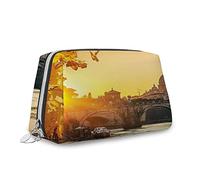 Thème d'automne, trousse de maquillage, coucher de soleil sur la rivière Italie image Europe, organisateur en cuir, trousse de toilette réutilisable, jaune noir, M, Jaune Noir_18, Taille unique,