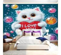 ThèMe De L'Amour Papier Peint Intissé 200x140 cm chat mignon de dessin animé Papier Peint Panoramique Mural Affiche Géante Décoration Murale Photo Salon Chambre D'enfant Décor Fond TV