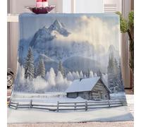 Thème de Noël 3D Couvertures Polaire Blanc Flanelle Couverture Polaire Paysage D'Hiver Montagnes Neige Maison En Bois pour Adultes Enfants Rester Chaud Couverture en Peluche Canapé-lit 150 x 200 cm