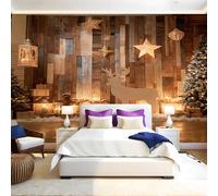ThèMe De NoëL Wallpaper Papier Peint Panoramique Cerf sika à grain de bois rétro Intissé Photo Mural 400x280 cm Moderne Poster Salon Chambre Mur de fond Chambre Enfants Bureau Décor Maison