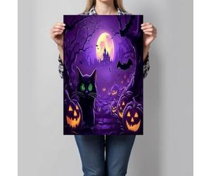 Thème d'Halloween Toile Peinture, Chat noir lanterne citrouille Impression Sur Toile, Violet Tableau Decoration Murale Salon Maison Deco Chambre, 40x30 cm, Sans Cadre