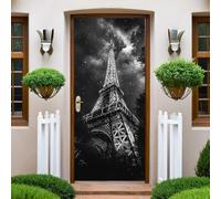Thème Du Ciel Étoilé Autocollant Porte Tour Eiffel en noir profond Stickers de Porte 73x204 cm PVC Auto-Adhésif Imperméable Trompe L'oeil Papier Peint Muraux pour Cuisine Chambre Salle de Bain Decor