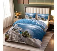 Thème Île Grecque Housse de Couette Vue De Santorin 140x200cm avec 2 Taie d'oreiller 65x65 cm,Parure de Lit Réversible Douce et Respirante,aux Chambres de Filles et Garçons Décor