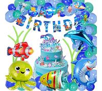 Theme Marin Anniversaire Tridimensionnel: Mer Animal Ballons, Poisson Gonflables, Banderole Joyeux Anniversaire, Ocean Animaux Ballon Deco de Fête Enfant